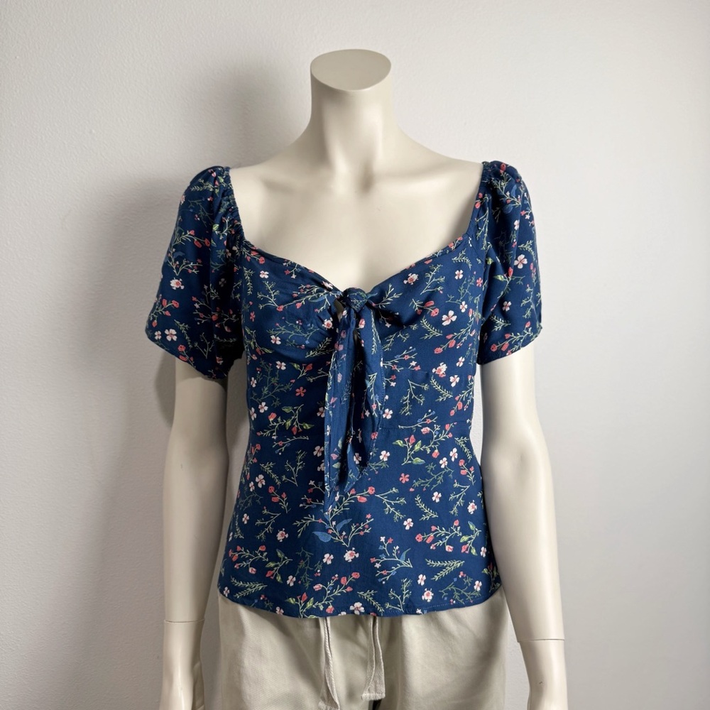 Blush Love J Floral Square Neck Top Tie Front Blue Women's Size Large